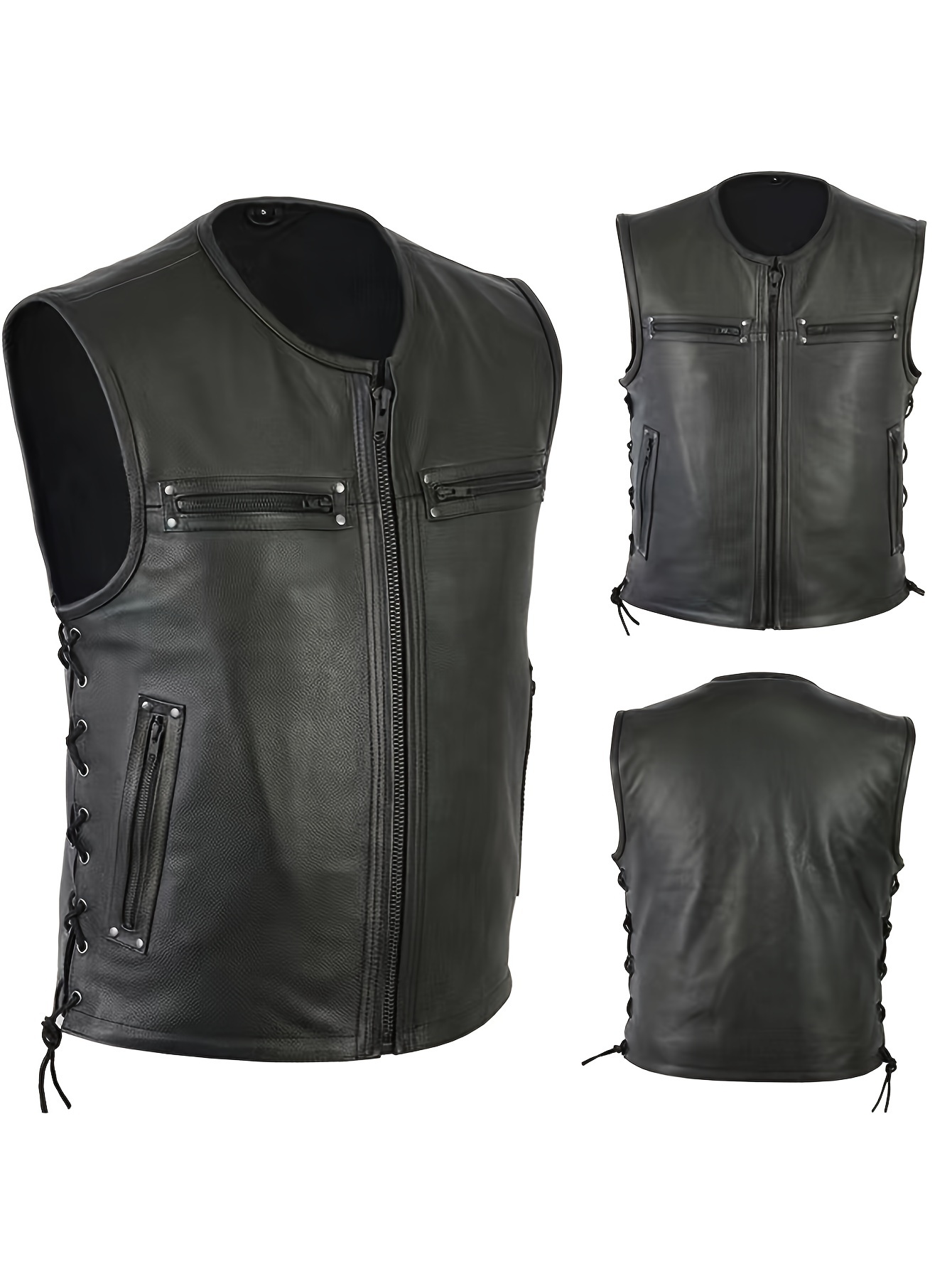 Leather Work Vest For Men - Gilet en cuir uni pour homme,